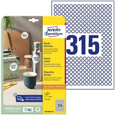 AVERY ZWECKFORM Etikett, univerzális, 10 mm, kör, eltávolítható, AVERY ZWECKFORM, 7875 etikett/csomag