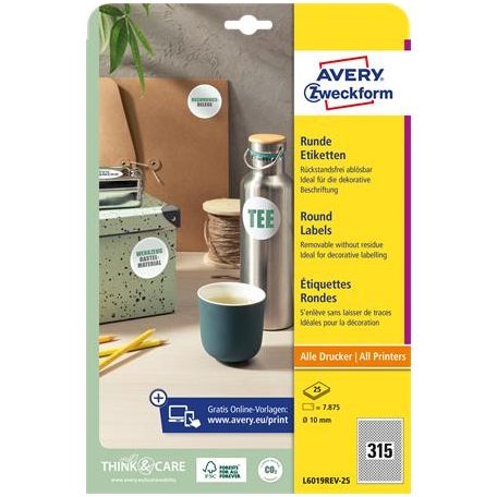 AVERY ZWECKFORM Etikett, univerzális, 10 mm, kör, eltávolítható, AVERY ZWECKFORM, 7875 etikett/csomag