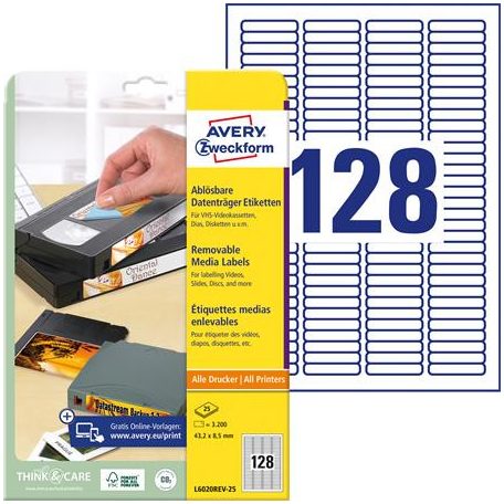 AVERY ZWECKFORM Etikett, univerzális 43,2x8,5 mm, eltávolítható, kerekített sarkú, AVERY ZWECKFORM, 3200 etikett/csomag