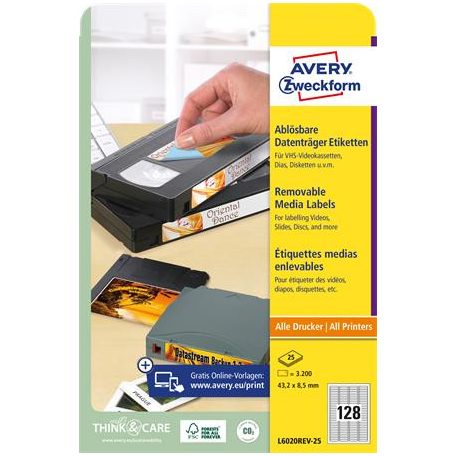 AVERY ZWECKFORM Etikett, univerzális 43,2x8,5 mm, eltávolítható, kerekített sarkú, AVERY ZWECKFORM, 3200 etikett/csomag