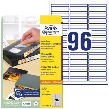 AVERY ZWECKFORM Etikett, univerzális, 63,5x8,5 mm, eltávolítható, kerekített sarkú, AVERY ZWECKFORM, 2400 etikett/csomag