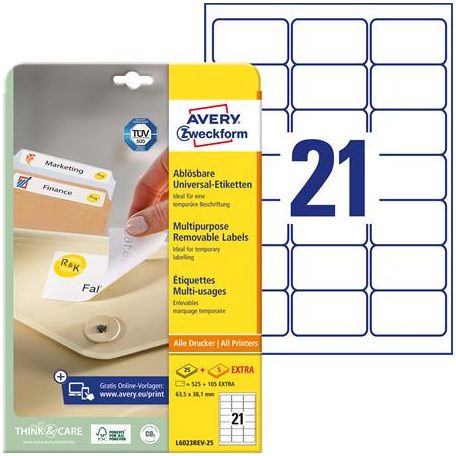 AVERY ZWECKFORM Etikett, univerzális, 63,5x38,1 mm, eltávolítható, kerekített sarkú, AVERY ZWECKFORM, 630 etikett/csomag