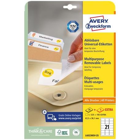 AVERY ZWECKFORM Etikett, univerzális, 63,5x38,1 mm, eltávolítható, kerekített sarkú, AVERY ZWECKFORM, 630 etikett/csomag
