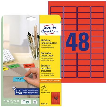 AVERY ZWECKFORM Etikett, univerzális, 45,7x21,2 mm, eltávolítható, kerekített sarkú, AVERY ZWECKFORM, 960 etikett/csomag, piros