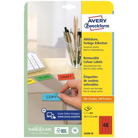 AVERY ZWECKFORM Etikett, univerzális, 45,7x21,2 mm, eltávolítható, kerekített sarkú, AVERY ZWECKFORM, 960 etikett/csomag, piros