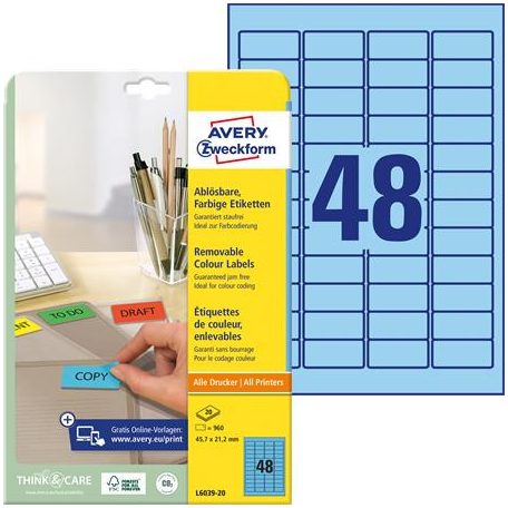 AVERY ZWECKFORM Etikett, univerzális, 45,7x21,2 mm, eltávolítható, kerekített sarkú, AVERY ZWECKFORM, 960 etikett/csomag, kék