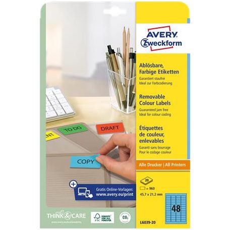 AVERY ZWECKFORM Etikett, univerzális, 45,7x21,2 mm, eltávolítható, kerekített sarkú, AVERY ZWECKFORM, 960 etikett/csomag, kék