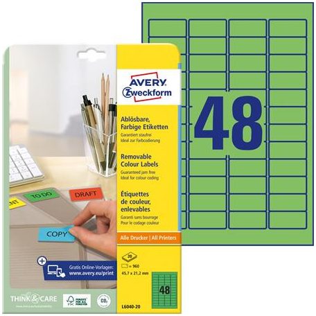 AVERY ZWECKFORM Etikett, univerzális, 45,7x21,2 mm, eltávolítható, kerekített sarkú, AVERY ZWECKFORM, 960 etikett/csomag, zöld
