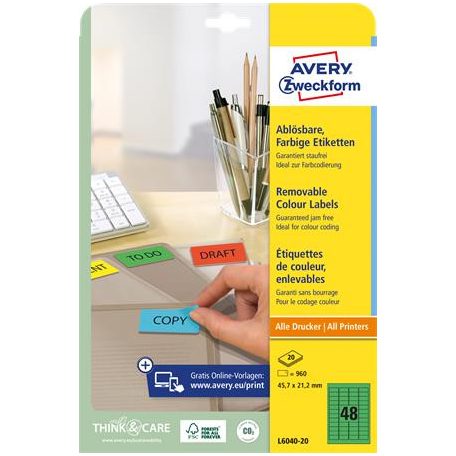 AVERY ZWECKFORM Etikett, univerzális, 45,7x21,2 mm, eltávolítható, kerekített sarkú, AVERY ZWECKFORM, 960 etikett/csomag, zöld