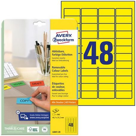 AVERY ZWECKFORM Etikett, univerzális, 45,7x21,2 mm, eltávolítható, kerekített sarkú, AVERY ZWECKFORM, 960 etikett/csomag, sárga