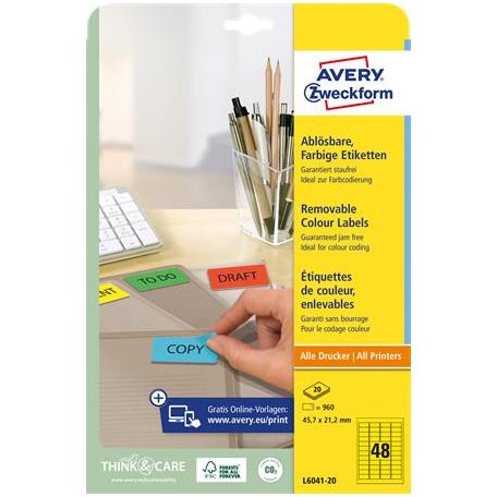 AVERY ZWECKFORM Etikett, univerzális, 45,7x21,2 mm, eltávolítható, kerekített sarkú, AVERY ZWECKFORM, 960 etikett/csomag, sárga