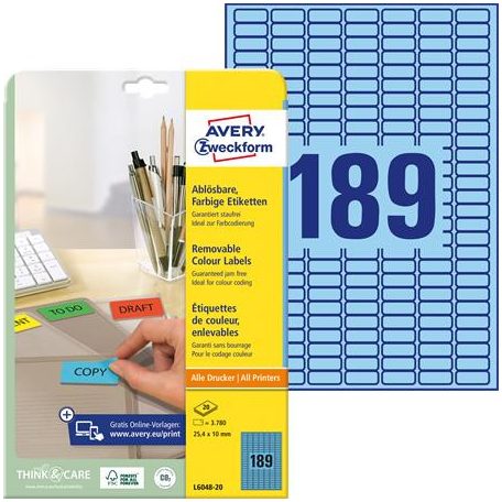 AVERY ZWECKFORM Etikett, univerzális, 25,4x10 mm, eltávolítható, kerekített sarkú, AVERY ZWECKFORM, 3780 etikett/csomag, kék
