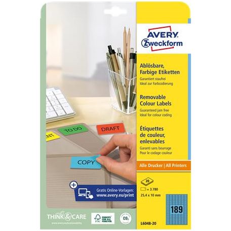 AVERY ZWECKFORM Etikett, univerzális, 25,4x10 mm, eltávolítható, kerekített sarkú, AVERY ZWECKFORM, 3780 etikett/csomag, kék