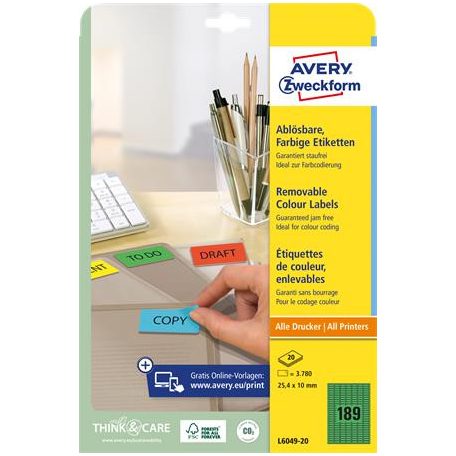 AVERY ZWECKFORM Etikett, univerzális, 25,4x10 mm, eltávolítható, kerekített sarkú, AVERY ZWECKFORM, 3780 etikett/csomag, zöld