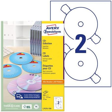 AVERY ZWECKFORM Etikett, CD/DVD, 117 mm, AVERY ZWECKFORM, 200 etikett/csomag