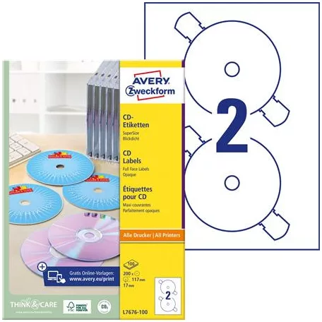 AVERY ZWECKFORM Etikett, CD/DVD, 117 mm, AVERY ZWECKFORM, 200 etikett/csomag