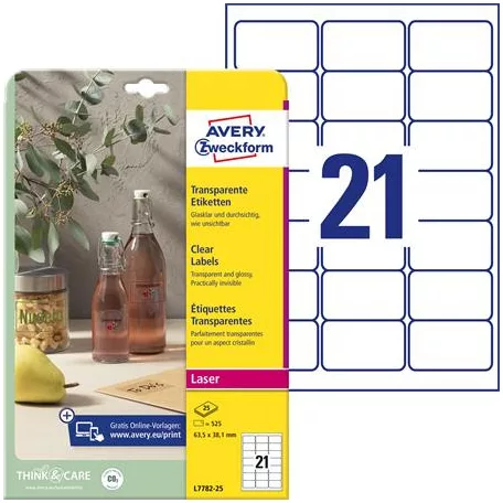 AVERY ZWECKFORM Etikett, 63,5x38,1 mm, poliészter, AVERY ZWECKFORM, átlátszó, 525 etikett/csomag