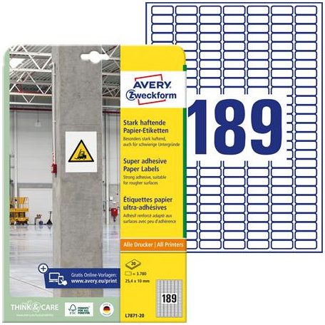 AVERY ZWECKFORM Etikett, univerzális, 25,4x10 mm, extra erős, AVERY ZWECKFORM, 3780 etikett/csomag