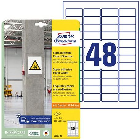 AVERY ZWECKFORM Etikett, univerzális, 45,7x21,2 mm, extra erős, AVERY ZWECKFORM, 960 etikett/csomag