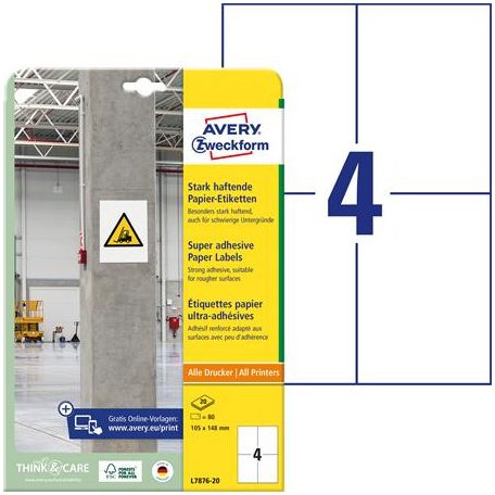AVERY ZWECKFORM Etikett, univerzális, 105x148 mm, extra erős, AVERY ZWECKFORM, 80 etikett/csomag