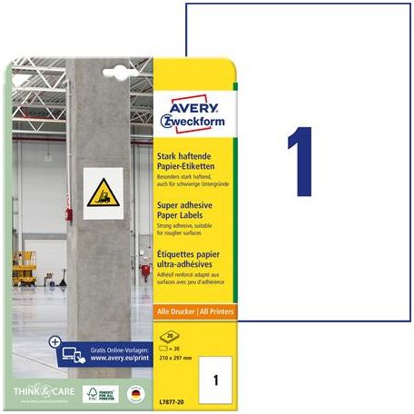 AVERY ZWECKFORM Etikett, univerzális, 210x297 mm, extra erős, AVERY ZWECKFORM, 20 etikett/csomag