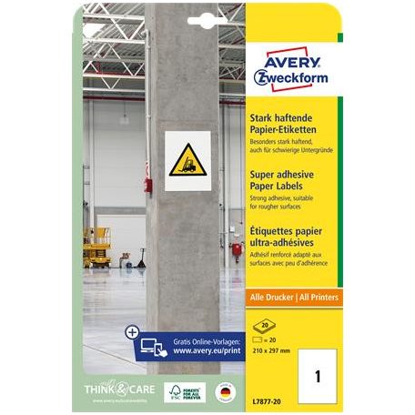 AVERY ZWECKFORM Etikett, univerzális, 210x297 mm, extra erős, AVERY ZWECKFORM, 20 etikett/csomag