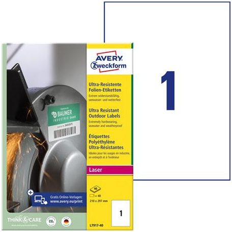 AVERY ZWECKFORM Etikett, univerzális, 210x297 mm, extra erős, polietilén, AVERY ZWECKFORM, 40 etikett/csomag