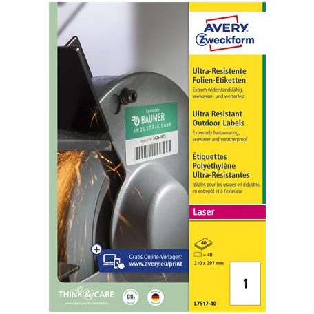 AVERY ZWECKFORM Etikett, univerzális, 210x297 mm, extra erős, polietilén, AVERY ZWECKFORM, 40 etikett/csomag