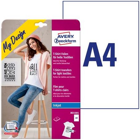 AVERY ZWECKFORM Fólia, vasalható, A4, tintasugaras nyomtatóba, világos textilhez, AVERY ZWECKFORM