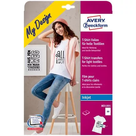 AVERY ZWECKFORM Fólia, vasalható, A4, tintasugaras nyomtatóba, világos textilhez, AVERY ZWECKFORM