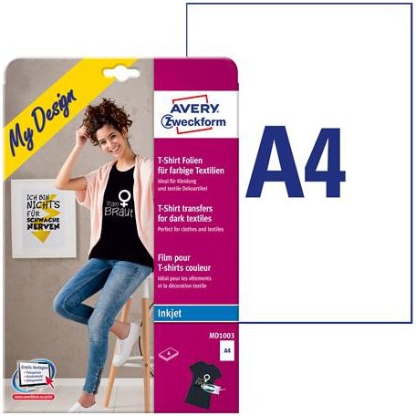 AVERY ZWECKFORM Fólia, vasalható, A4, tintasugaras nyomtatóba, sötét és színes textilhez, AVERY ZWECKFORM