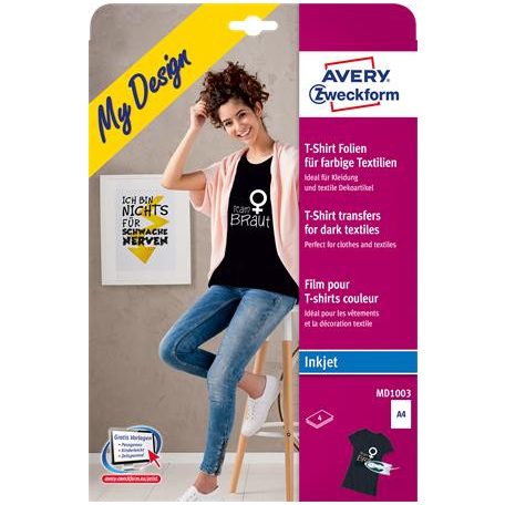 AVERY ZWECKFORM Fólia, vasalható, A4, tintasugaras nyomtatóba, sötét és színes textilhez, AVERY ZWECKFORM