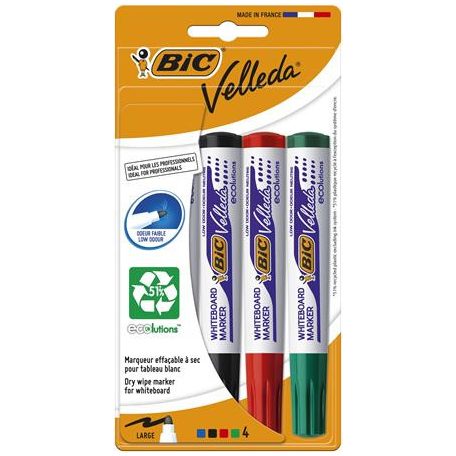 BIC Flipchart- és táblamarker készlet, 1,4 mm, kúpos, BIC" Velleda ecolutions", 4 különböző szín