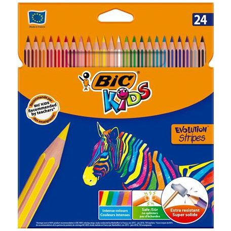 BIC Színes ceruza készlet, BIC KIDS "Evolution Stripes", 24 különböző szín