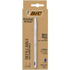   BIC Golyóstoll, 0,32 mm, kupakos, matt ezüst színű tolltest, BIC "Cristal Re'New", kék + betét