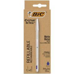   BIC Golyóstoll 0,32 mm, kupakos, matt ezüst színű tolltest, BIC "Cristal Re'New", kék + betét