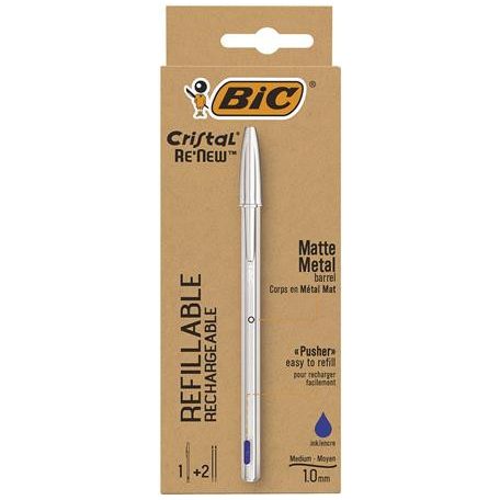 BIC Golyóstoll 0,32 mm, kupakos, matt ezüst színű tolltest, BIC "Cristal Re'New", kék + betét