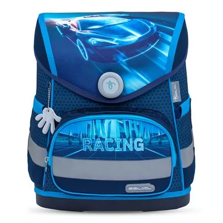 BELMIL Iskolatáska, mágneszárral, BELMIL "Compact Racing Blue Neon", versenyautó