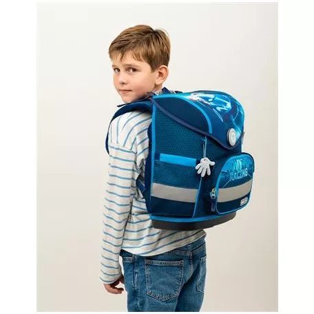 BELMIL Iskolatáska, mágneszárral, BELMIL "Compact Racing Blue Neon", versenyautó