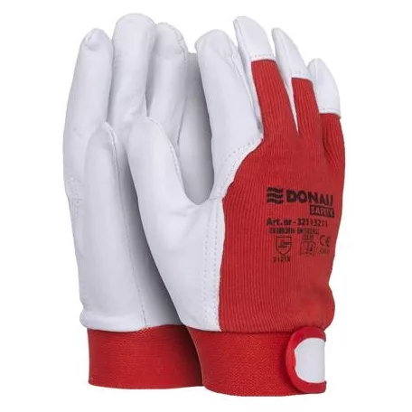 DONAU Védőkesztyű, kecskebőr, DONAU"Safety", 9/L méret, fehér-piros