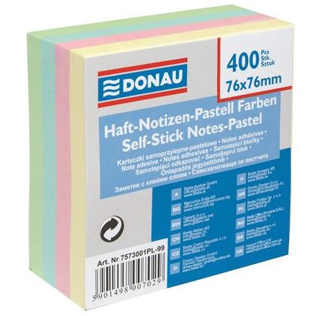 DONAU Öntapadó jegyzettömb, 76x76mm, 400 lap, DONAU, pasztell színek