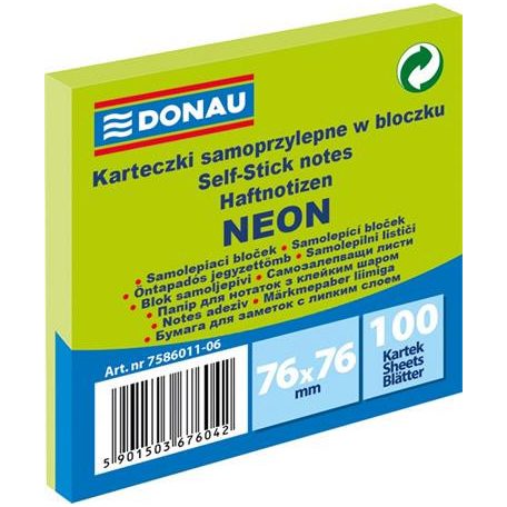 DONAU Öntapadó jegyzettömb, 76x76 mm, 100 lap, DONAU, neon zöld