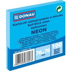   DONAU Öntapadó jegyzettömb, 76x76 mm, 100 lap, DONAU, neon kék