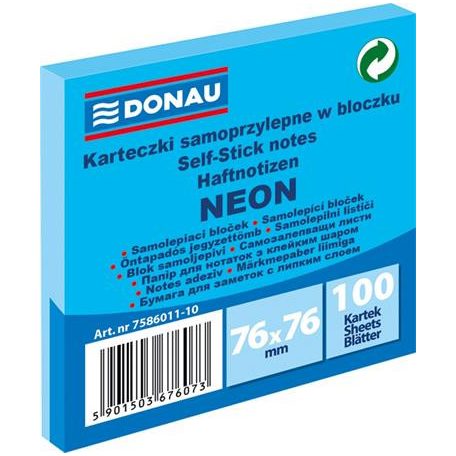 DONAU Öntapadó jegyzettömb, 76x76 mm, 100 lap, DONAU, neon kék