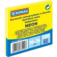   DONAU Öntapadó jegyzettömb, 76x76 mm, 100 lap, DONAU, neon sárga