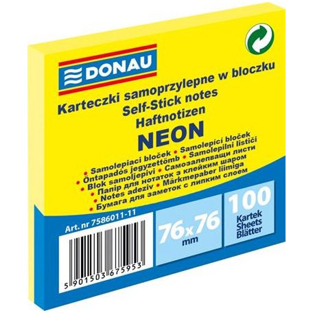 DONAU Öntapadó jegyzettömb, 76x76 mm, 100 lap, DONAU, neon sárga