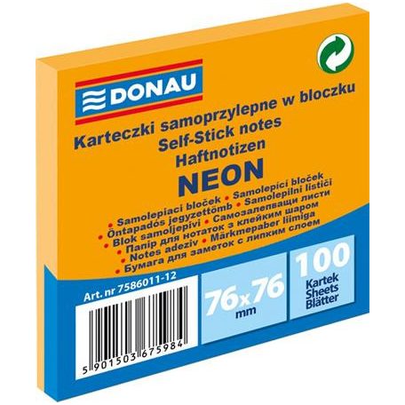DONAU Öntapadó jegyzettömb, 76x76 mm, 100 lap, DONAU, neon narancssárga
