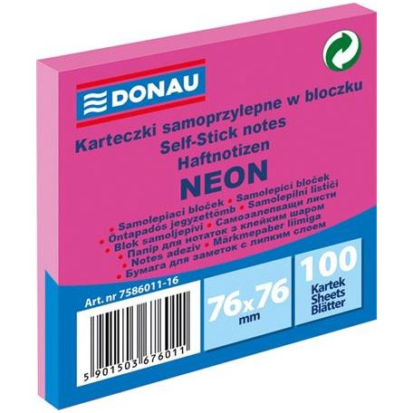 DONAU Öntapadó jegyzettömb, 76x76 mm, 100 lap, DONAU, neon rózsaszín