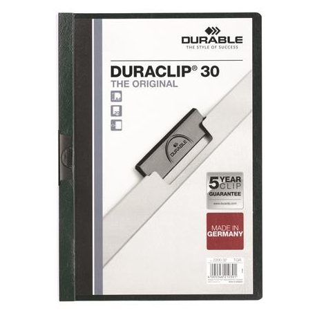 DURABLE Gyorsfűző, klipes, A4, DURABLE "DURACLIP® 30", sötétzöld