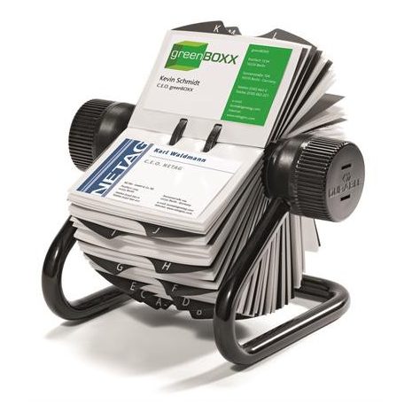 DURABLE Névjegykártyatartó, fém, 400 db-os, forgatható, fekvő, DURABLE, "VISIFIX®", fekete